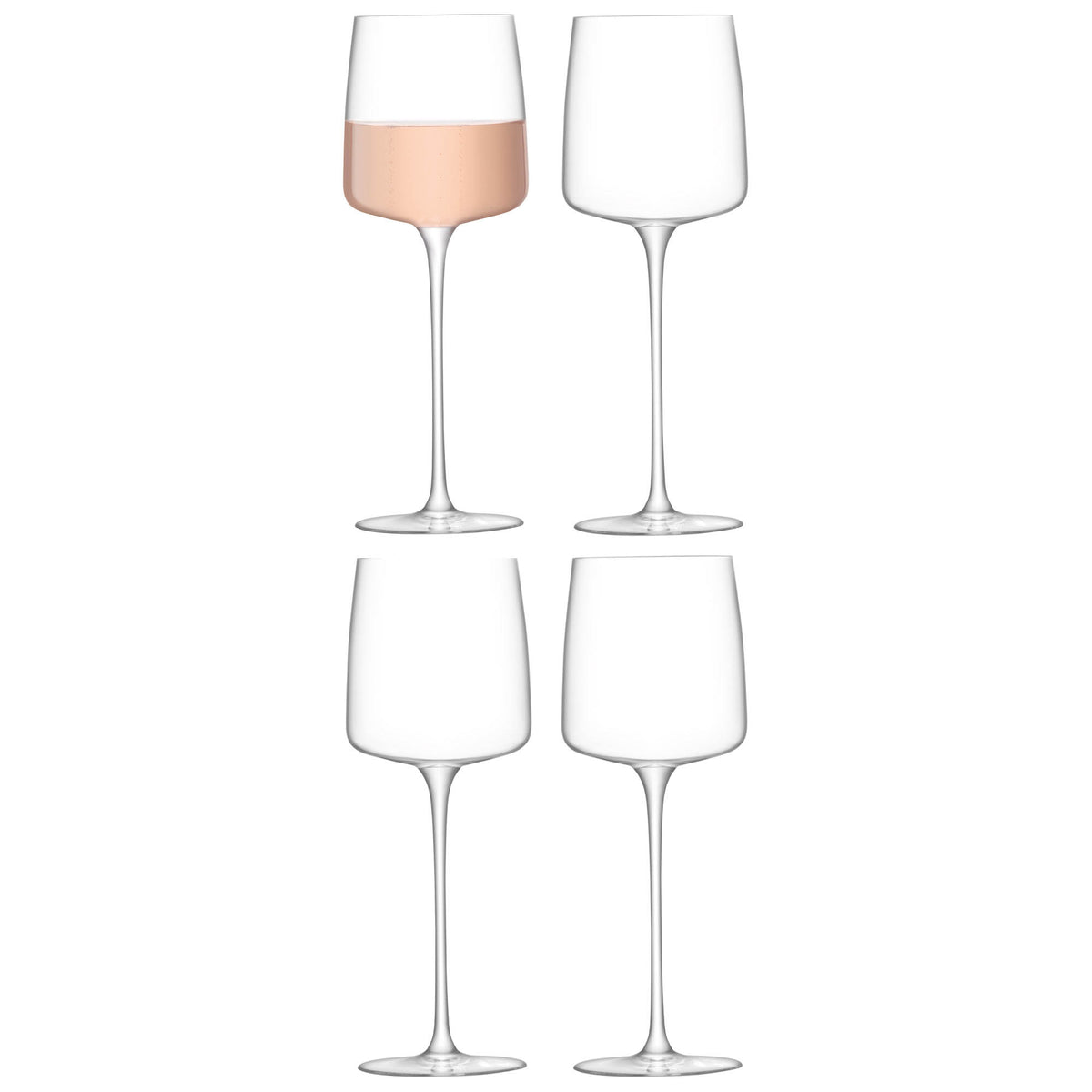 Set of four clear LSA Metropolitan wine glasses, 350ml, showcasing sleek, modern design for enjoying wine elegantly.