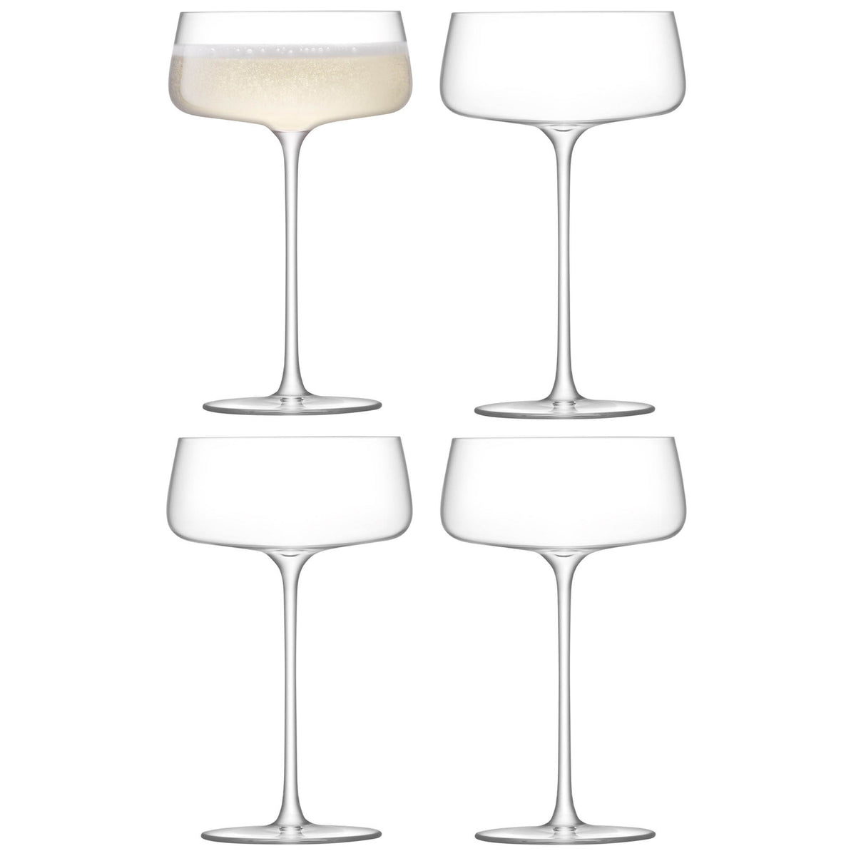 Set of four LSA Metropolitan Champagne Saucers, 300ml clear glass flutes for sparkling wine, elegant and modern design.