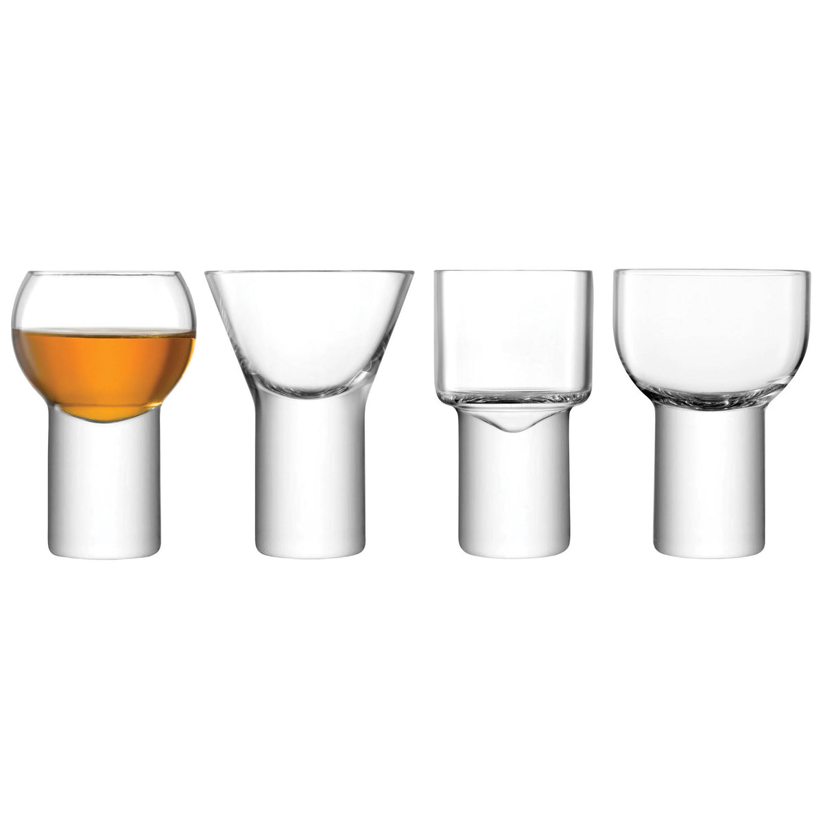 Set of four LSA Boris liqueur glasses, clear 60-90ml, with assorted shapes, designed for serving small liqueur drinks.