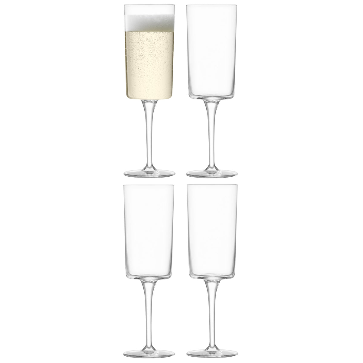Set of four clear LSA Sektglas GIO champagne flutes, 210ml, with elegant design, perfect for serving sparkling wine.