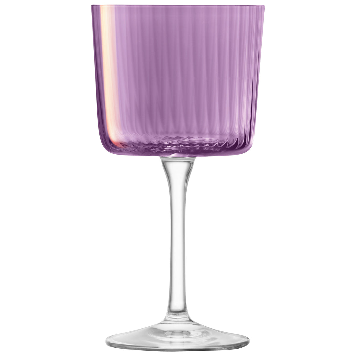 Set of four LSA GEMS berry-colored wine glasses with elegant glass bowls and long stems.