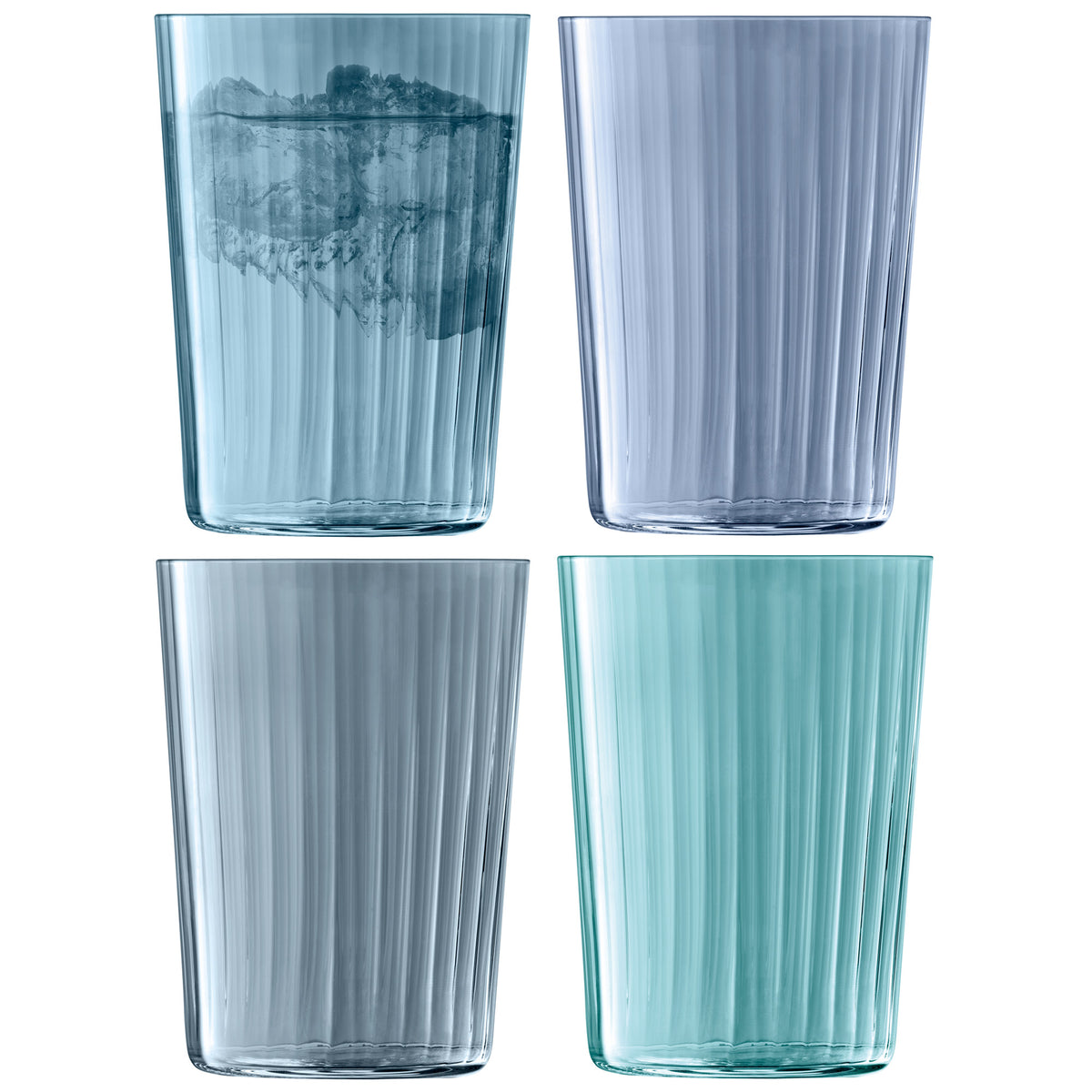 Set of four LSA GEMS tumblers in ocean blue, 560ml capacity, made of glass, perfect for beverages and stylish table settings.