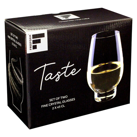 Zwei klare FREEFORM Weißwein-Gläser mit 430 ml Fassungsvermögen, elegantes Design, ideal für Weinverkostung und Genuss.
