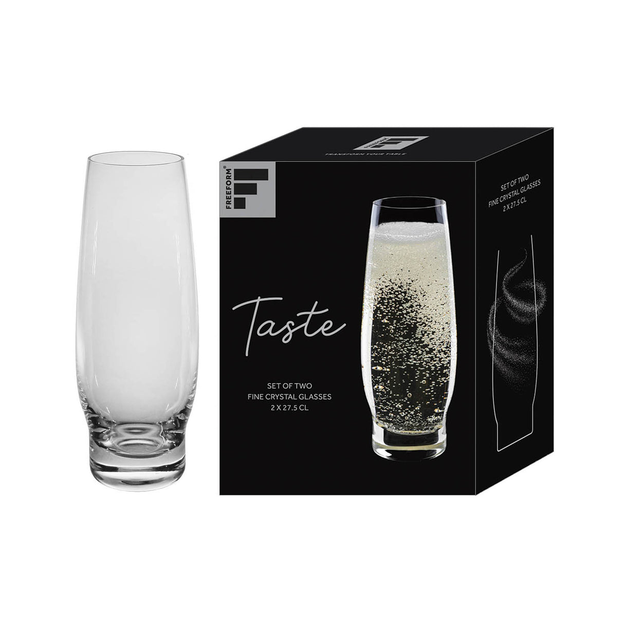 Zwei klare FREEFORM Sekt-Gläser, 275 ml, elegantes Set für festliche Anlässe, stilvolles Design, glänzende Oberfläche.