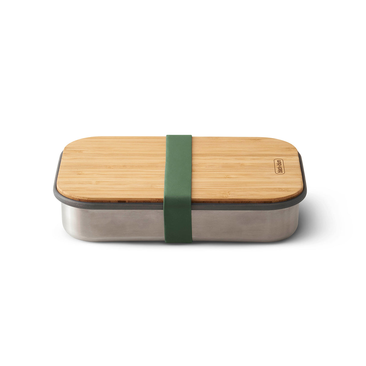 Schwarze BLACK+BLUM Lunchbox mit 900 ml Kapazität, Sandwich und Oliven, langlebiges und stilvolles Design.
