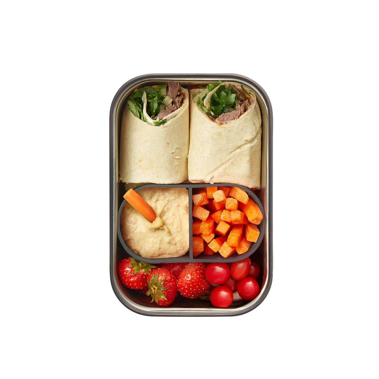 Schwarze BLACK+BLUM Brotdose aus Kunststoff mit Sandwich-Design in Orange, 1250 ml Fassungsvermögen, für Lunch und Snacks.