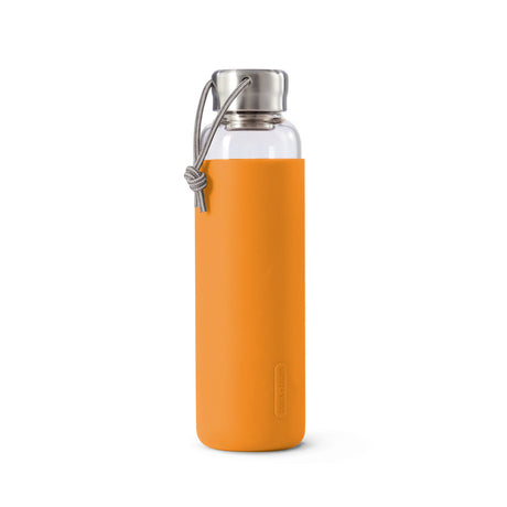 Schwarze BLACK+BLUM Trinkflasche TO-GO Glas, 600 ml, mit Ozean-Design, aus langlebigem Glas für unterwegs.