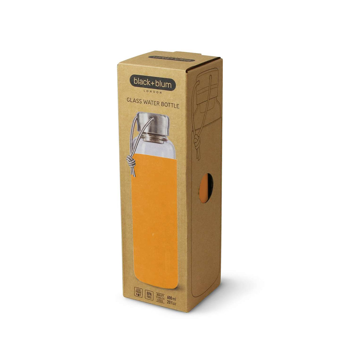 Schwarze+blum Glas-Wasserflasche in Orange, 600 ml, mit Trinkverschluss und stilvollem Design auf weißem Hintergrund