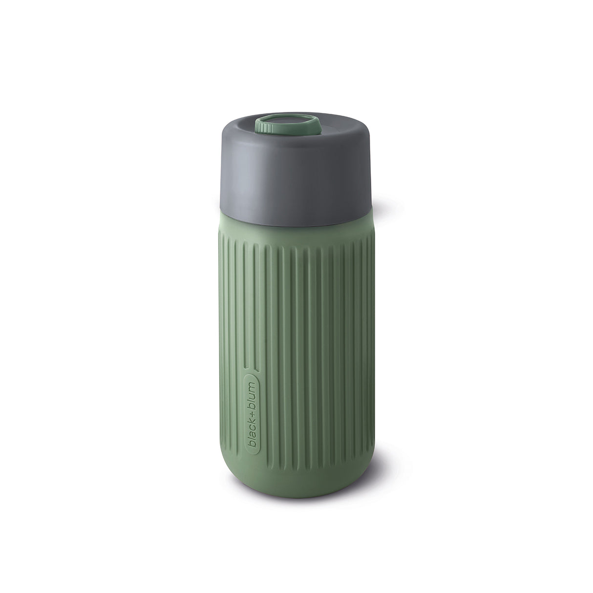 Schwarzer und blauer BLACK+BLUM To-Go Kaffeebecher aus Glas mit Deckel, ideal für unterwegs