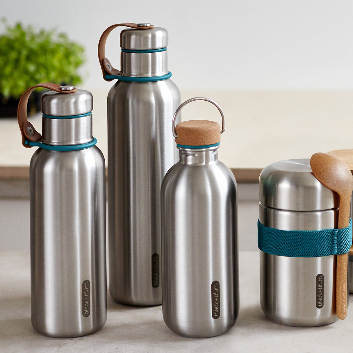 Schwarze BLACK+BLUM Trinkflasche Classic aus Edelstahl, 600 ml Fassungsvermögen, mit Schraubverschluss und transparentem Körper