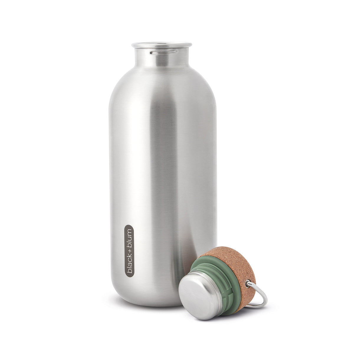 Schwarze BLACK+BLUM Trinkflasche Classic aus Edelstahl, 600 ml Fassungsvermögen, mit Schraubverschluss und transparentem Kunststoff.