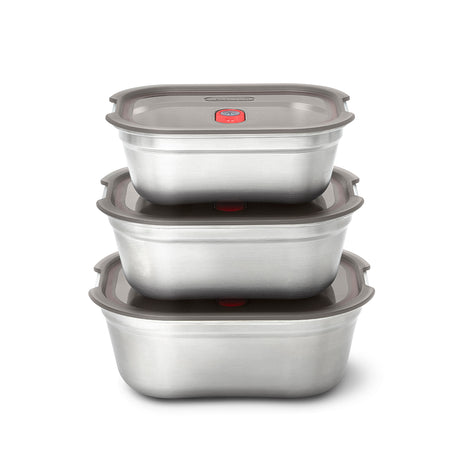 Schwarze BLACK+BLUM Multifunktionsdosen-Set mit drei Behältern in 650, 900 und 1200 ml, aus langlebigem Material.
