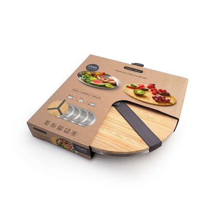 Edelstahl Camping Set mit 4 Tellern von black+blum, robustes Geschirr für Outdoor-Aktivitäten, natürliche Oberfläche und schlichtes Design