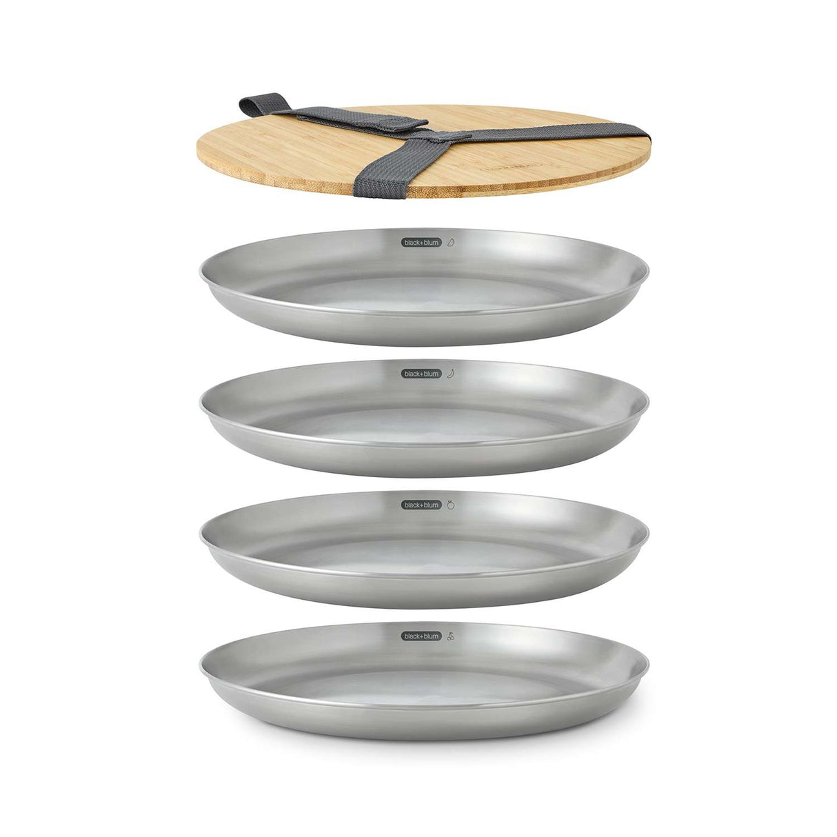 Edelstahl Camping-Set von black+blum, 4-teilig, inklusive Teller, ideal für Outdoor-Aktivitäten, robustes und nachhaltiges Geschirr.