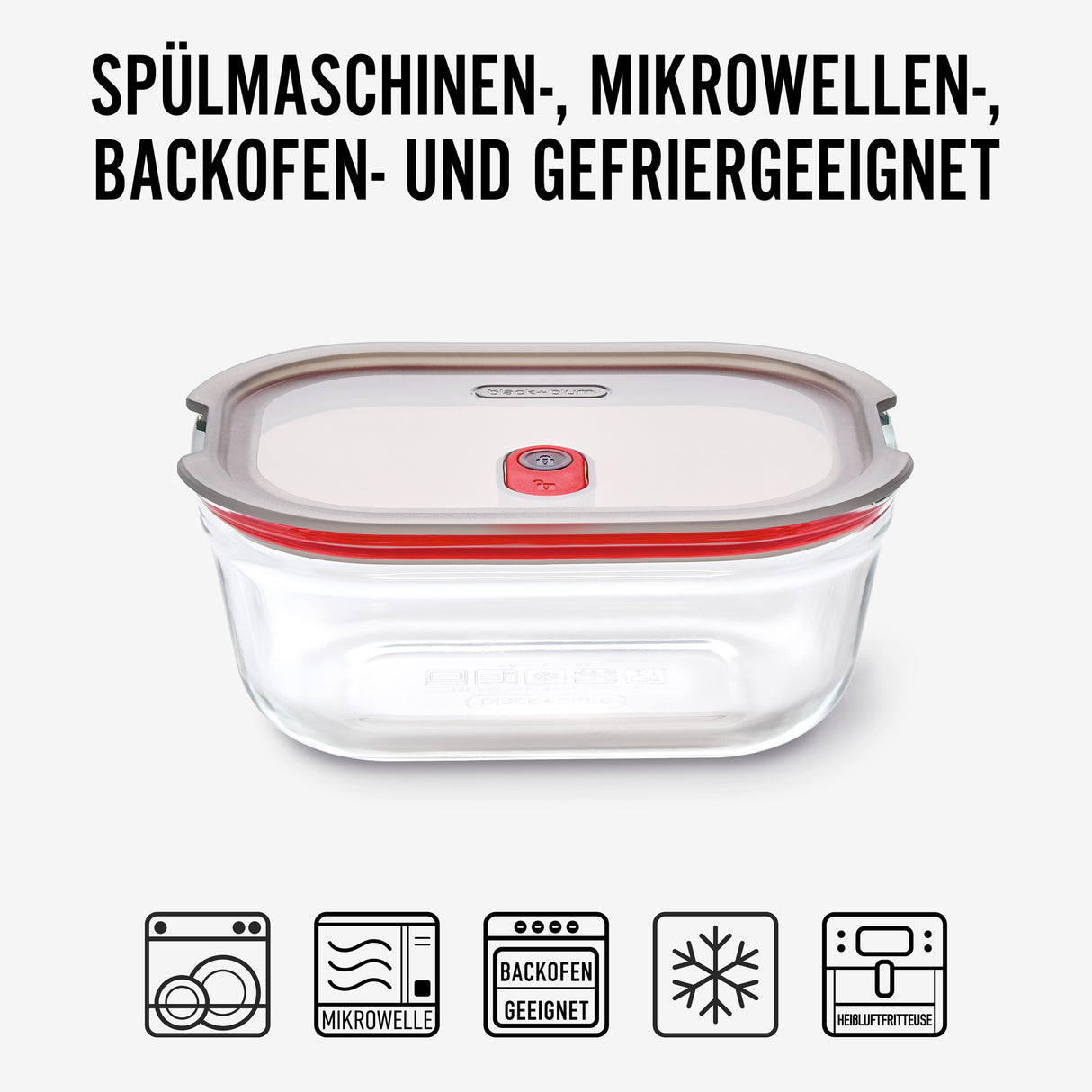 Schwarze BLACK+BLUM Multifunktionsdose aus Glas mit luftdichtem Verschluss für Lebensmittelaufbewahrung.