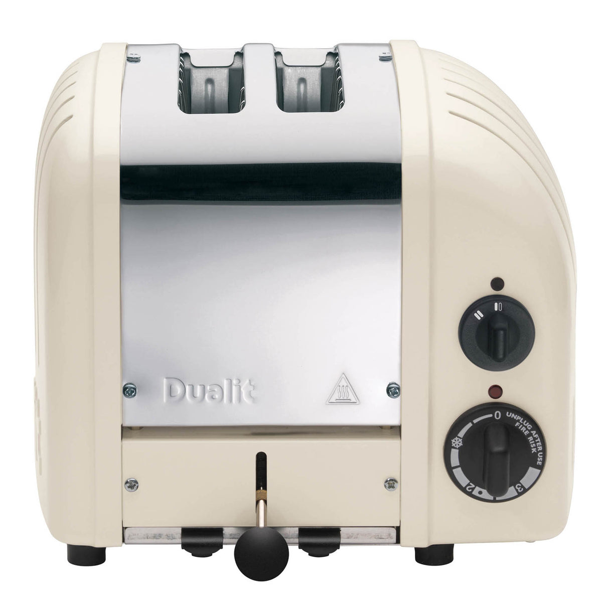 Dualit Toaster Newgen in Cremeweiß mit Platz für 2 Brotscheiben, modernes Design, Edelstahl-Details, funktionale Bedienung.