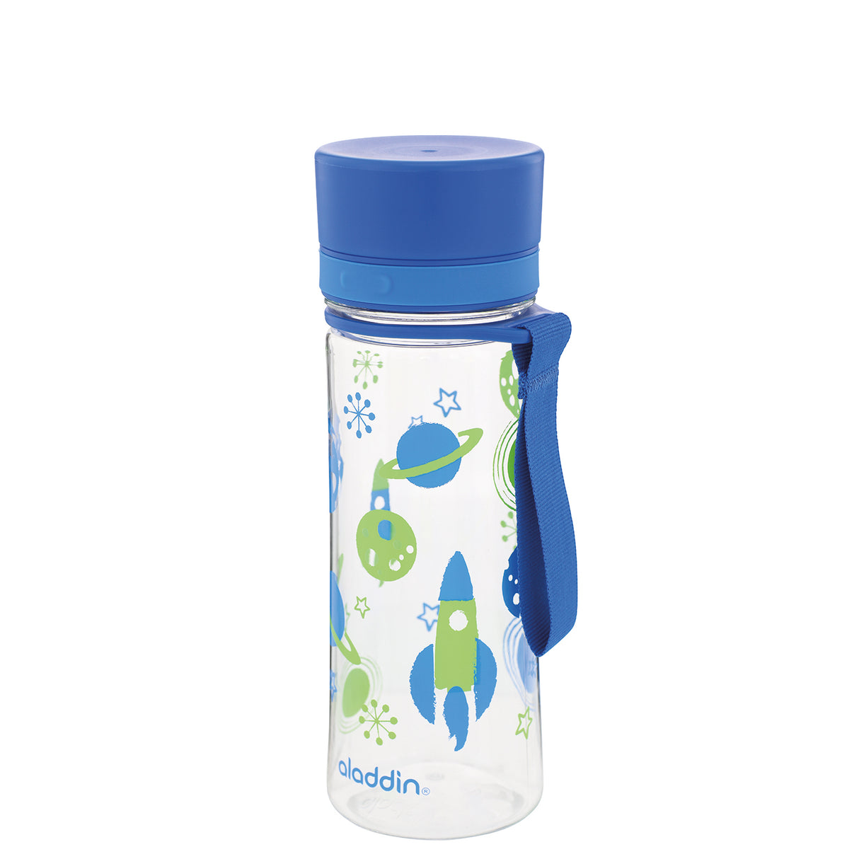 Blaue ALADDIN Trinkflasche FIRST AVEO mit 350 ml Fassungsvermögen, aus robustem Kunststoff, mit Trinkverschluss.