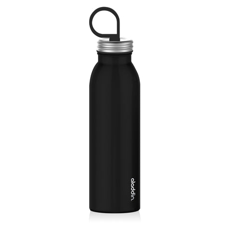 Schwarze ALADDIN Isolierflasche CHILLED, 550 ml, zeigt den Edelstahlkörper mit Verschluss und Griff für heiße und kalte Getränke.