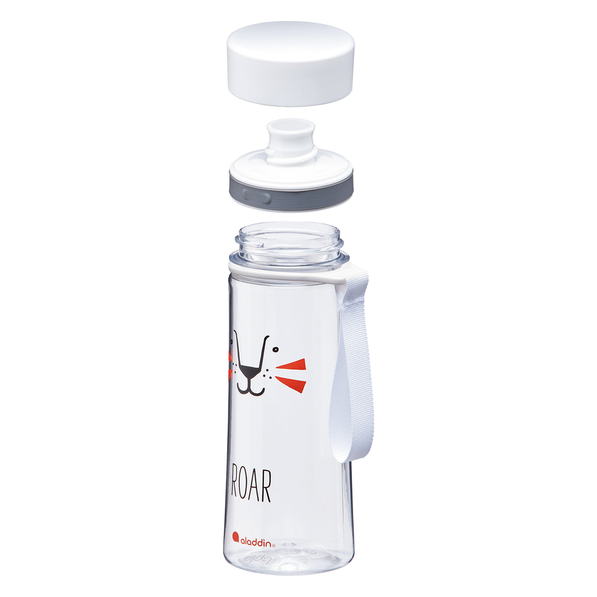 Weiße ALADDIN Trinkflasche FIRST AVEO, 350 ml mit Schraubverschluss und trinkbereitem Design, auf einem weißen Hintergrund.