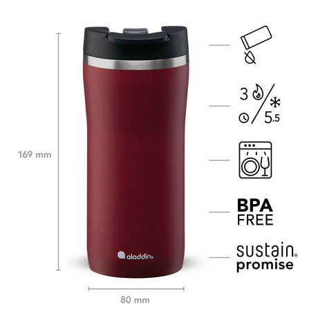 Burgunderroter ALADDIN Thermobecher BARISTA, 350 ml, isolierter Becher aus Edelstahl mit Deckel, für heiße Getränke