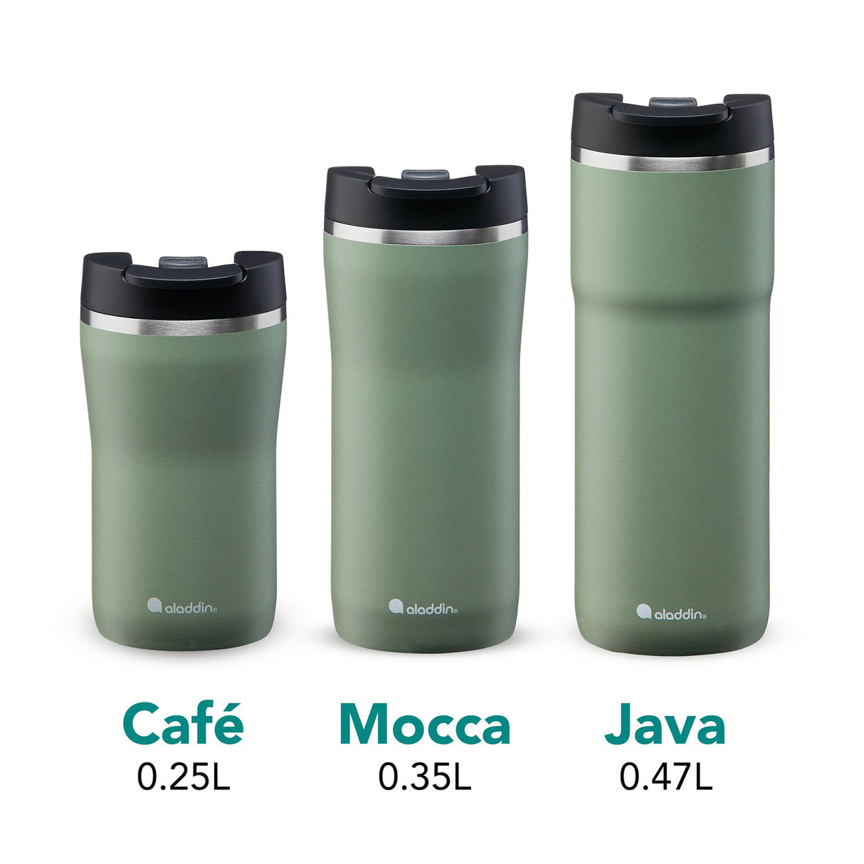 Grüner ALADDIN Thermobecher BARISTA, 350 ml, mit Deckel und isolierender Wand für Kaffee oder Tee.