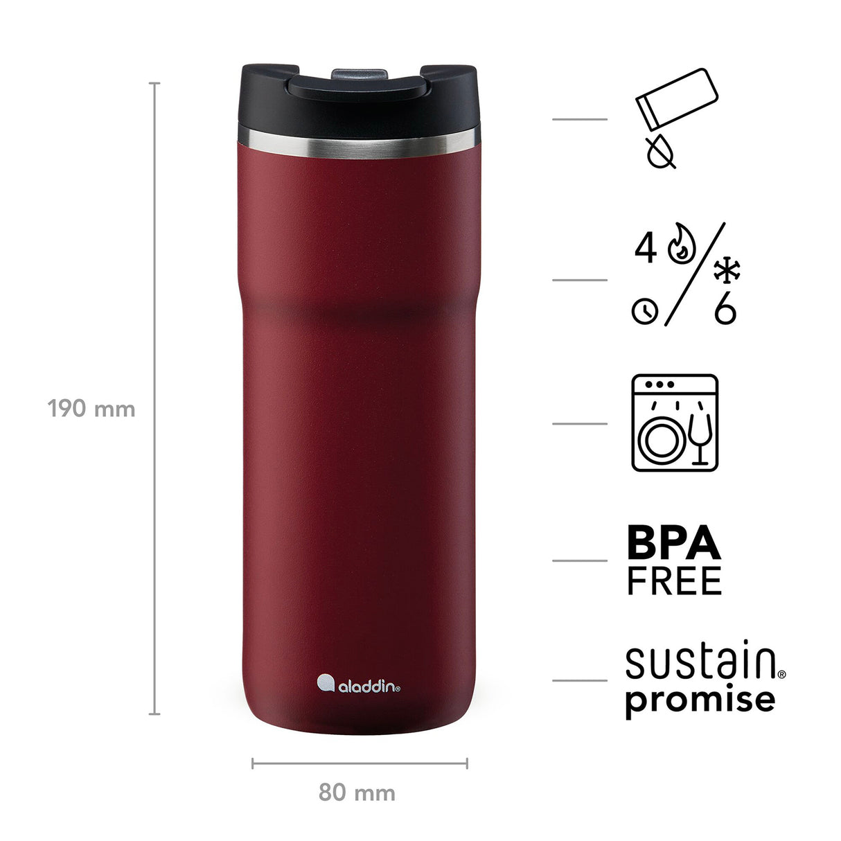 Aladdin Thermobecher Barista in Burgund, 470 ml, mit isolierendem Deckel und bequemem Griff, ideal für heiße Getränke.