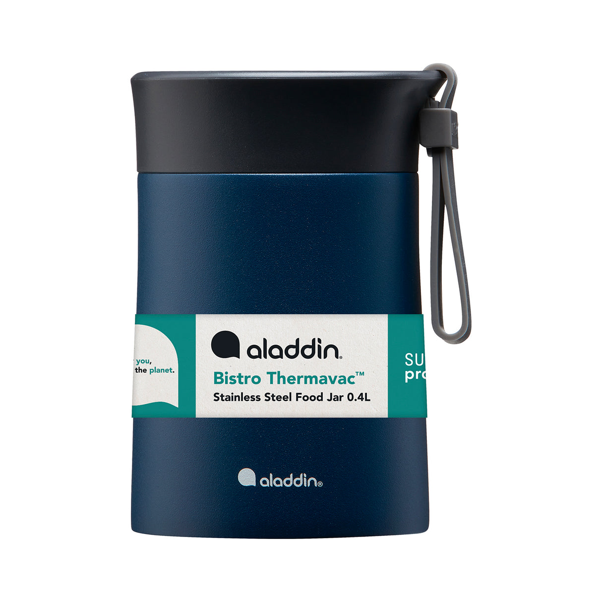 Blauer ALADDIN Lunchbecher aus Kunststoff, 400 ml Fassungsvermögen, mit Deckel und Tragegriff.