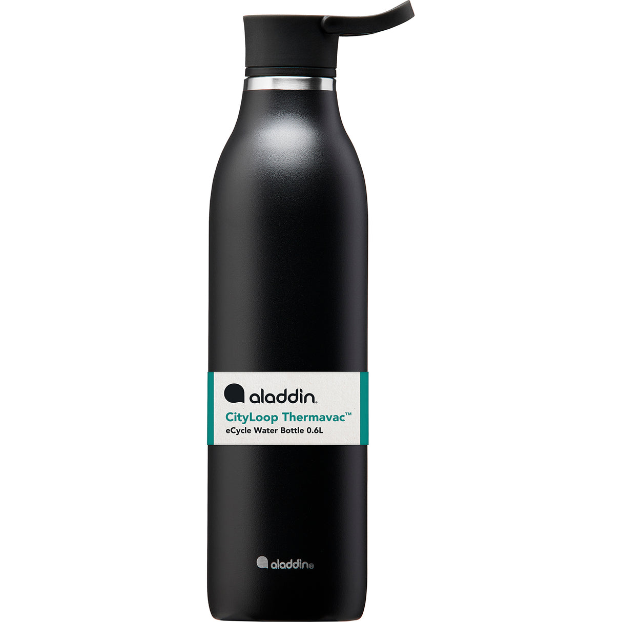 Schwarze ALADDIN Isolierflasche CITY LOOP, 600 ml, mit isolierendem Design für heiße und kalte Getränke.