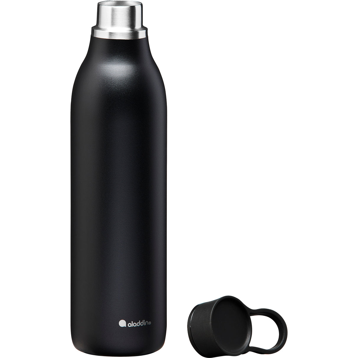 Schwarze ALADDIN Isolierflasche CITY LOOP, 600 ml, mit doppelwandiger Isolierung für heiße und kalte Getränke.