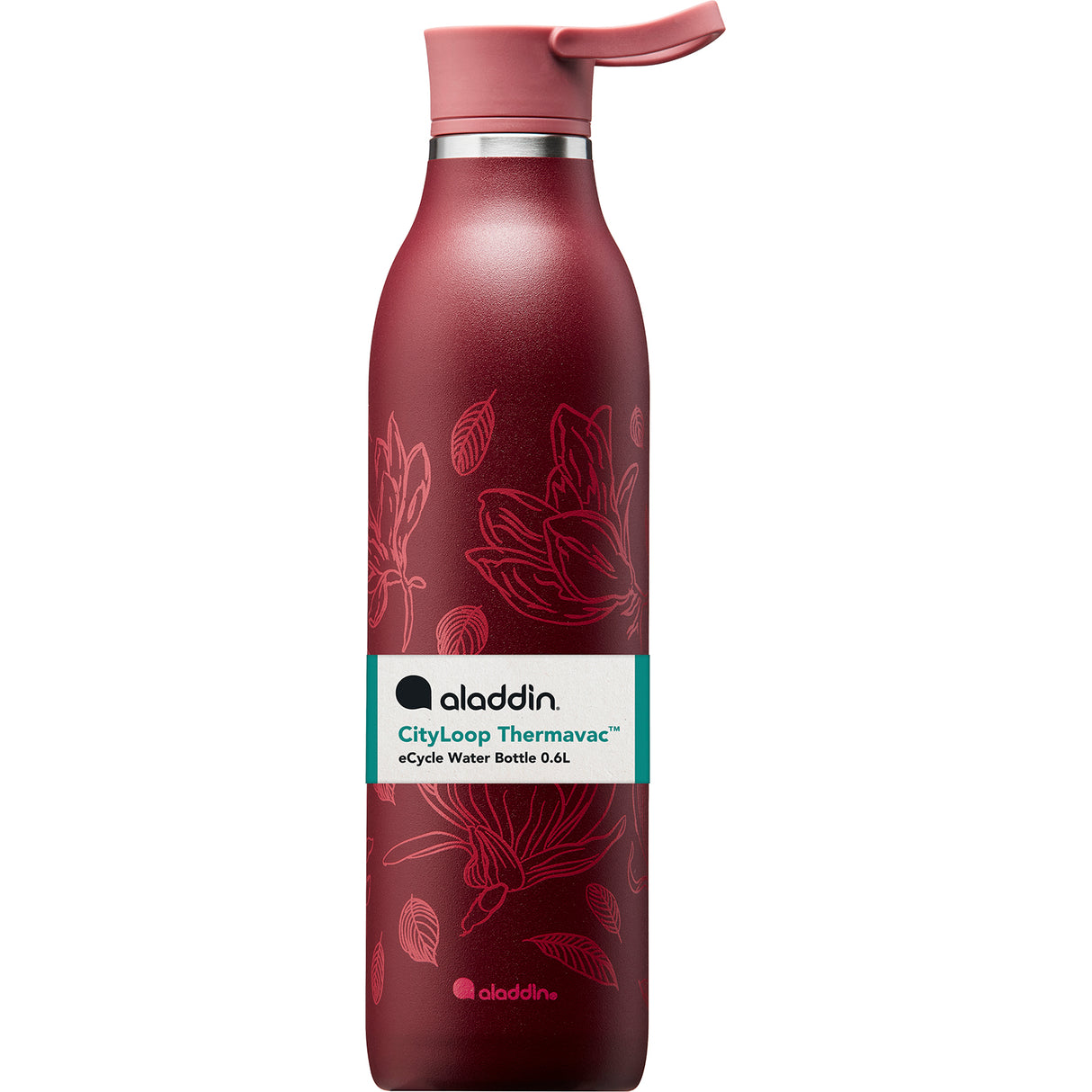 Rote ALADDIN Isolierflasche CITY LOOP mit 600 ml Fassungsvermögen, isoliert und perfekt für heiße oder kalte Getränke.