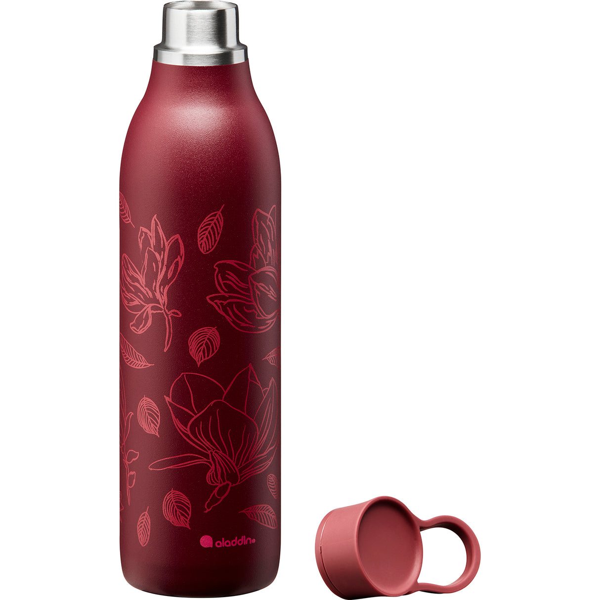 Rote ALADDIN Isolierflasche CITY LOOP, 600 ml, mit doppelwandiger Isolierung und Trinkverschluss, auf einem Tisch.