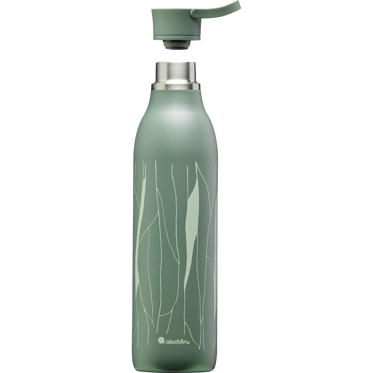 Grüne ALADDIN Isolierflasche CITY LOOP, 600 ml, aus Edelstahl, zeigt den Deckel und das elegante Design