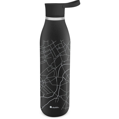 Schwarze ALADDIN Isolierflasche CITY LOOP, 600 ml, mit rotem Verschluss und Edelstahlkörper, für heiße und kalte Getränke