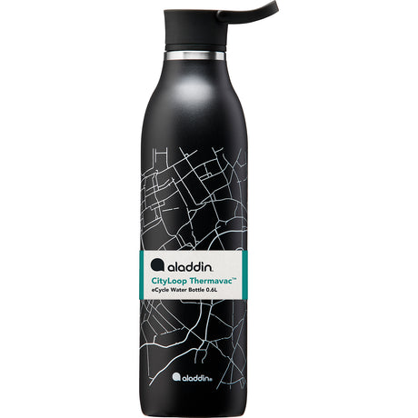 Schwarze ALADDIN Isolierflasche CITY LOOP, 600 ml Fassungsvermögen, mit isolierendem Design, auf einem weißen Hintergrund.