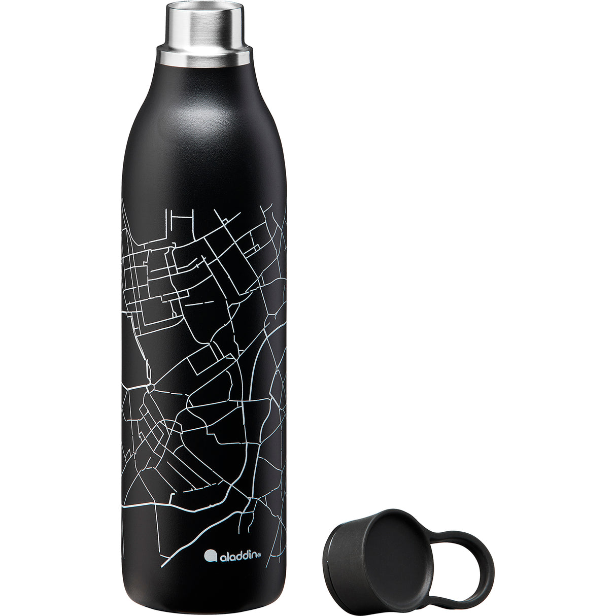 Schwarze ALADDIN Isolierflasche CITY LOOP, 600 ml, mit isolierendem Deckel und robustem Design, für heiße und kalte Getränke.