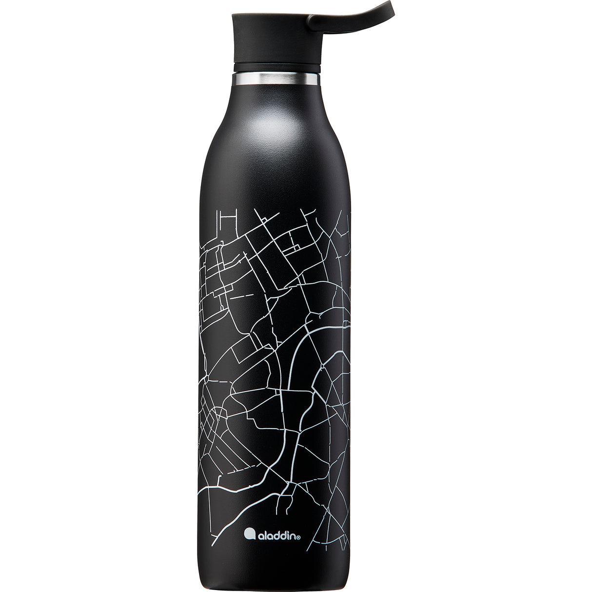 Schwarze ALADDIN Isolierflasche CITY LOOP, 600 ml, aus Edelstahl, mit isolierendem Design, für Getränke unterwegs