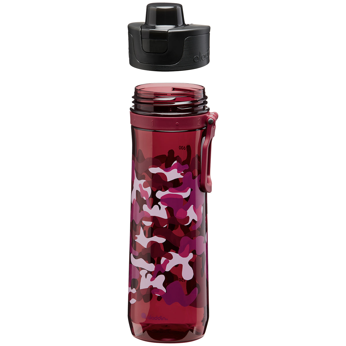 Bunte ALADDIN Trinkflasche aus Kunststoff, burgund, mit Sports Tracker, 80 cl Fassungsvermögen, für Sport und unterwegs