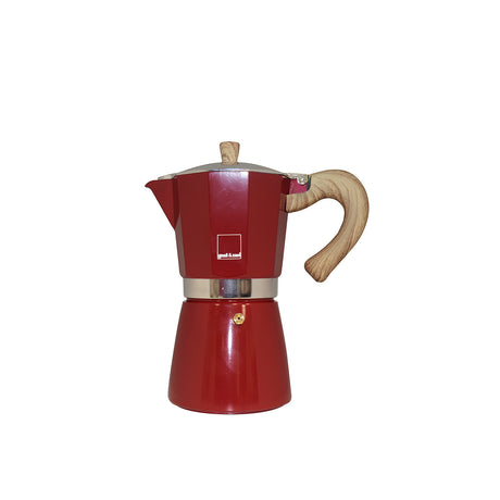 Roter GNALI & ZANI Espressokocher Venezia aus Edelstahl, mit Griff und Kanne, auf einer Küchenarbeitsplatte.