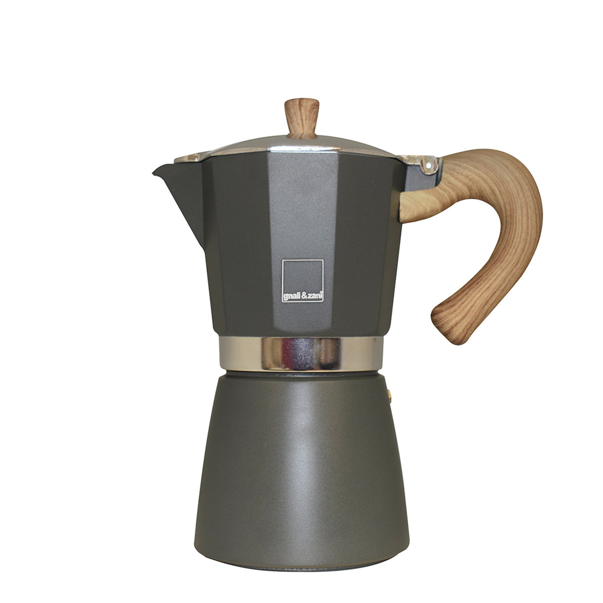 Grauer GNALI & ZANI Espressokocher Venezia aus Edelstahl, mit Griff und Deckel, auf einer Küchenoberfläche sichtbar
