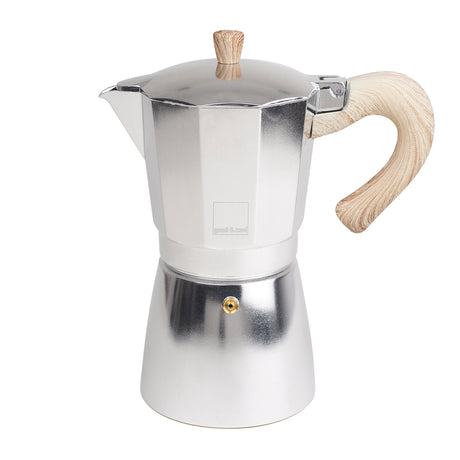 Aluminium Espressokocher von GNALI & ZANI VENEZIA mit zwei Tassen, silberfarben, traditionelles Kaffeegerät, Nahaufnahme