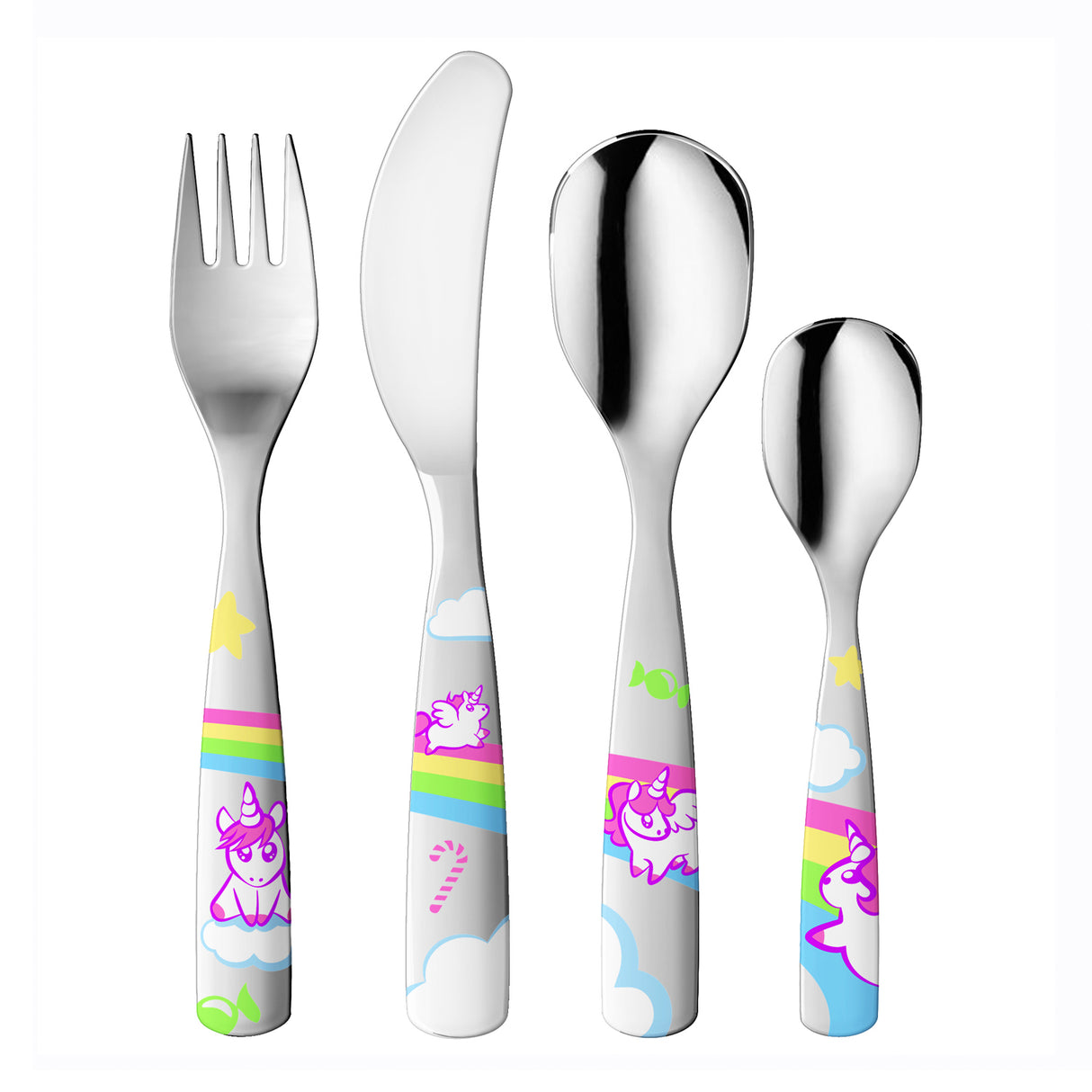 Kinderbesteck Set von GNALI & ZANI mit kleinen Einhörnern, silberfarbenes Besteck für Kinder, detailreiche Einhorn-Designs