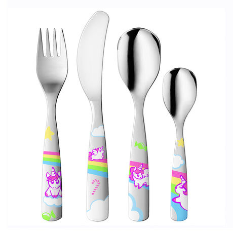 Kinderbesteck Set von GNALI & ZANI mit kleinen Einhörnern, silberfarbenes Besteck für Kinder, detailreiche Einhorn-Designs