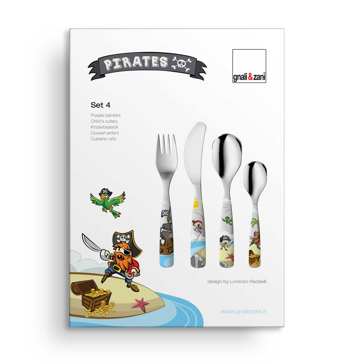 Buntes Kinderbesteck von GNALI & ZANI mit Piratenmotiven, aus Edelstahl, kindgerecht gestaltet für kleine Hände