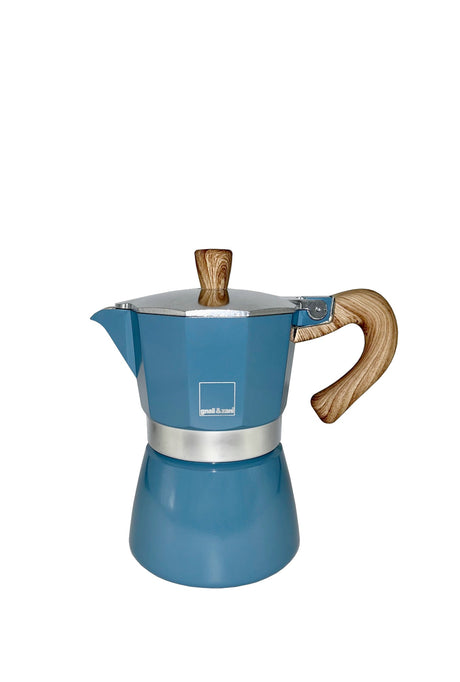 Blaue GNALI & ZANI Espressokocher VENEZIA aus Edelstahl, auf einem Küchenarbeitsplatz, detailreiche Nahaufnahme