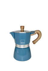 Blaue GNALI & ZANI Espressokocher VENEZIA aus Edelstahl, für Kaffeezubereitung auf dem Herd, detailreiche Ansicht.