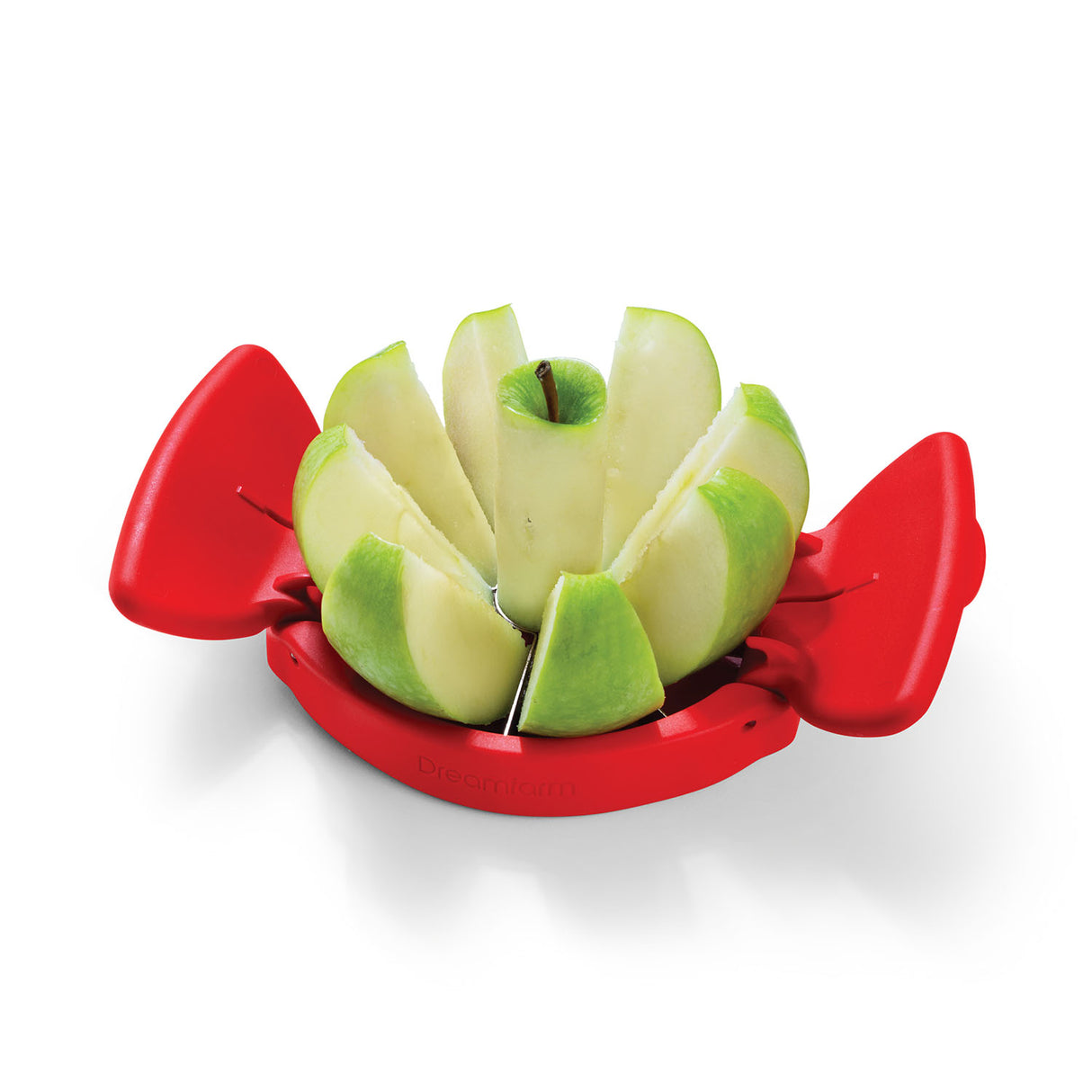 Roter Apfelschneider DREAMFARM FLAPPLE mit 12,6 cm Klinge, zum schnellen Schneiden von Äpfeln, auf einem Küchenhintergrund.