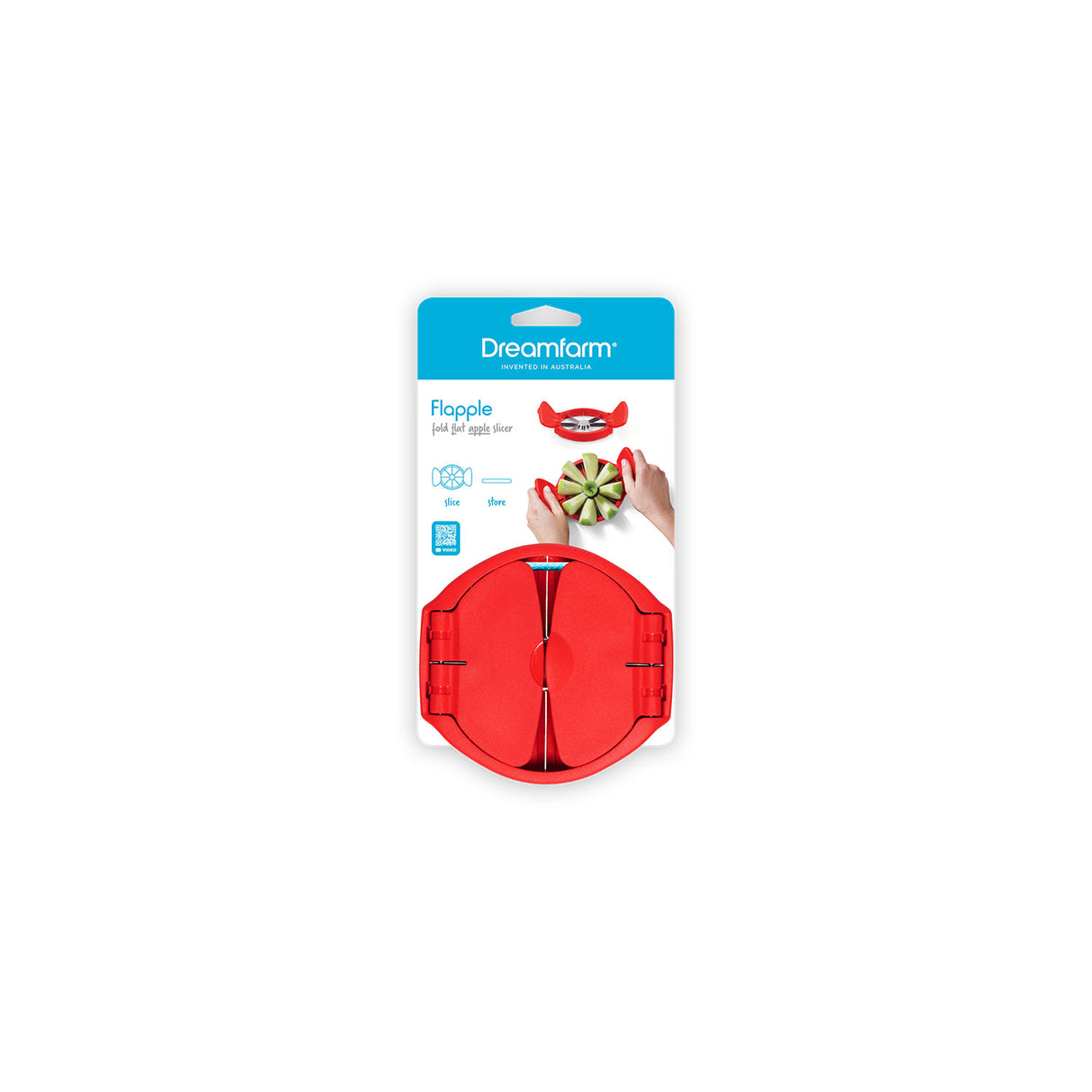 Roter DREAMFARM Apfelschneider FLAPPLE, 12,6 cm, aus Edelstahl, auf geöffneter Apfelhälfte mit Schneideklinge und Griff.