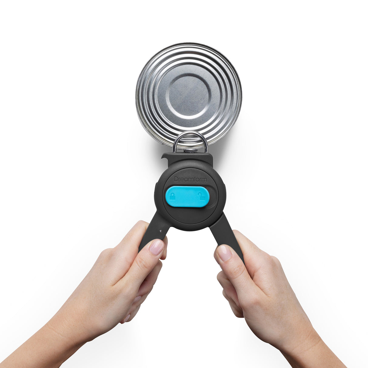 Schwarzer DREAMFARM Dosenöffner, 19,5 cm, aus Edelstahl, zeigt die offene Konservendose, ergonomisches Design, robust und funktional