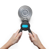 Schwarzer DREAMFARM Dosenöffner, 19,5 cm, aus Edelstahl, zeigt die offene Konservendose, ergonomisches Design, robust und funktional