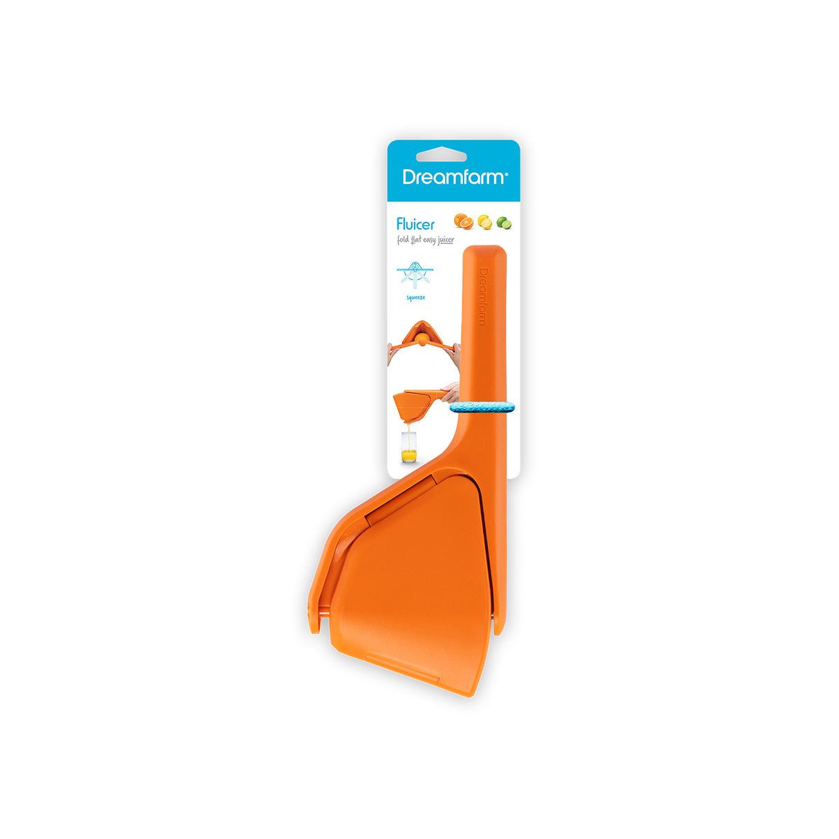DREAMFARM Orangenpresse FLUICER aus Edelstahl, handliche Zitruspresse für frischen Orangensaft, auf weißem Hintergrund fotografiert